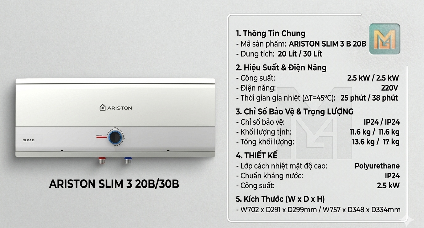 Thông Số Kỹ Thuật Chi Tiết Bình Nóng Lạnh Gián Tiếp Ariston Slim 3 B