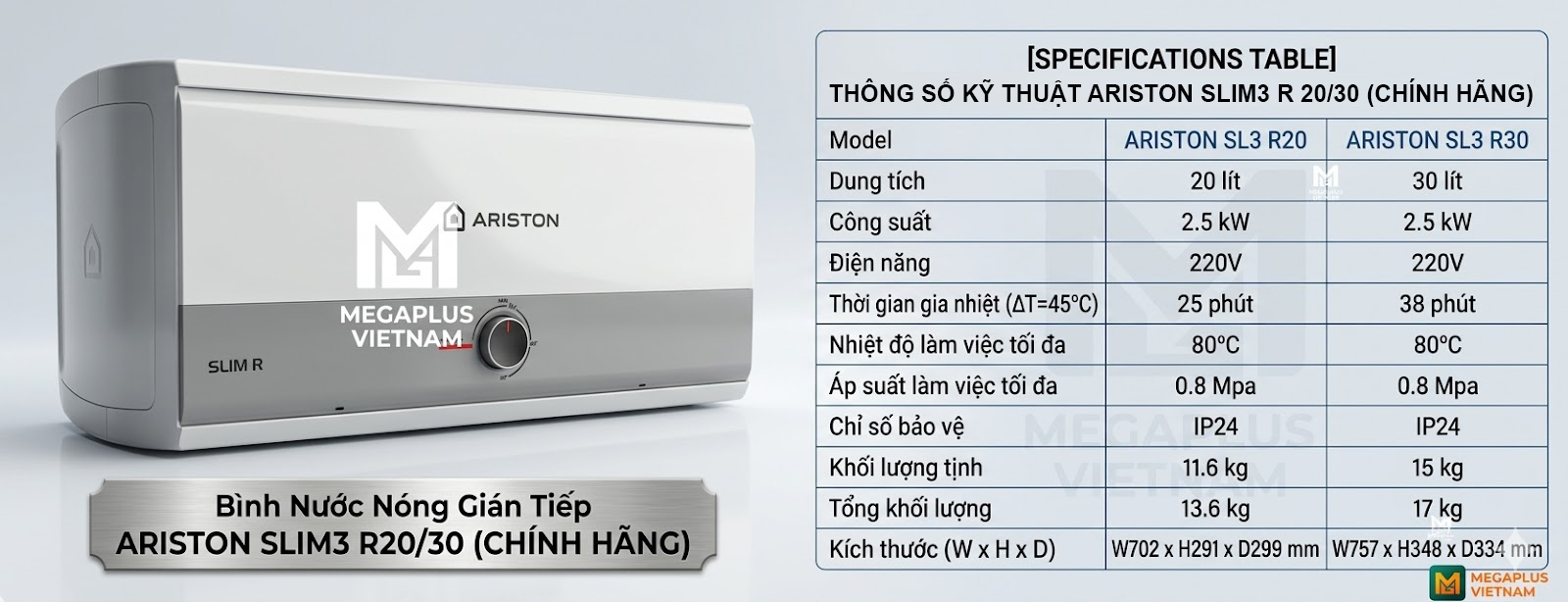 Bảng thông số kỹ thuật chi tiết bình nóng lạnh Ariston SL3 R20 và R30