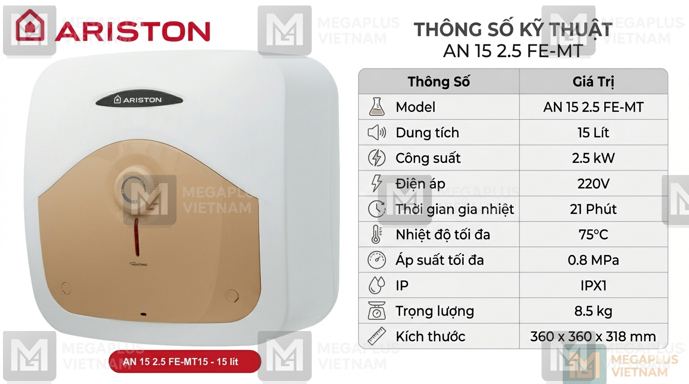 Thông số kỹ thuật bình nóng lạnh Ariston 15L an toàn