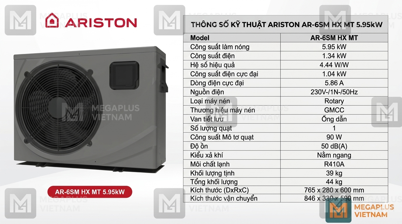 Thông số kỹ thuật Bơm Nhiệt Bể Bơi AR-6SM HX MT Ariston 5.95kW