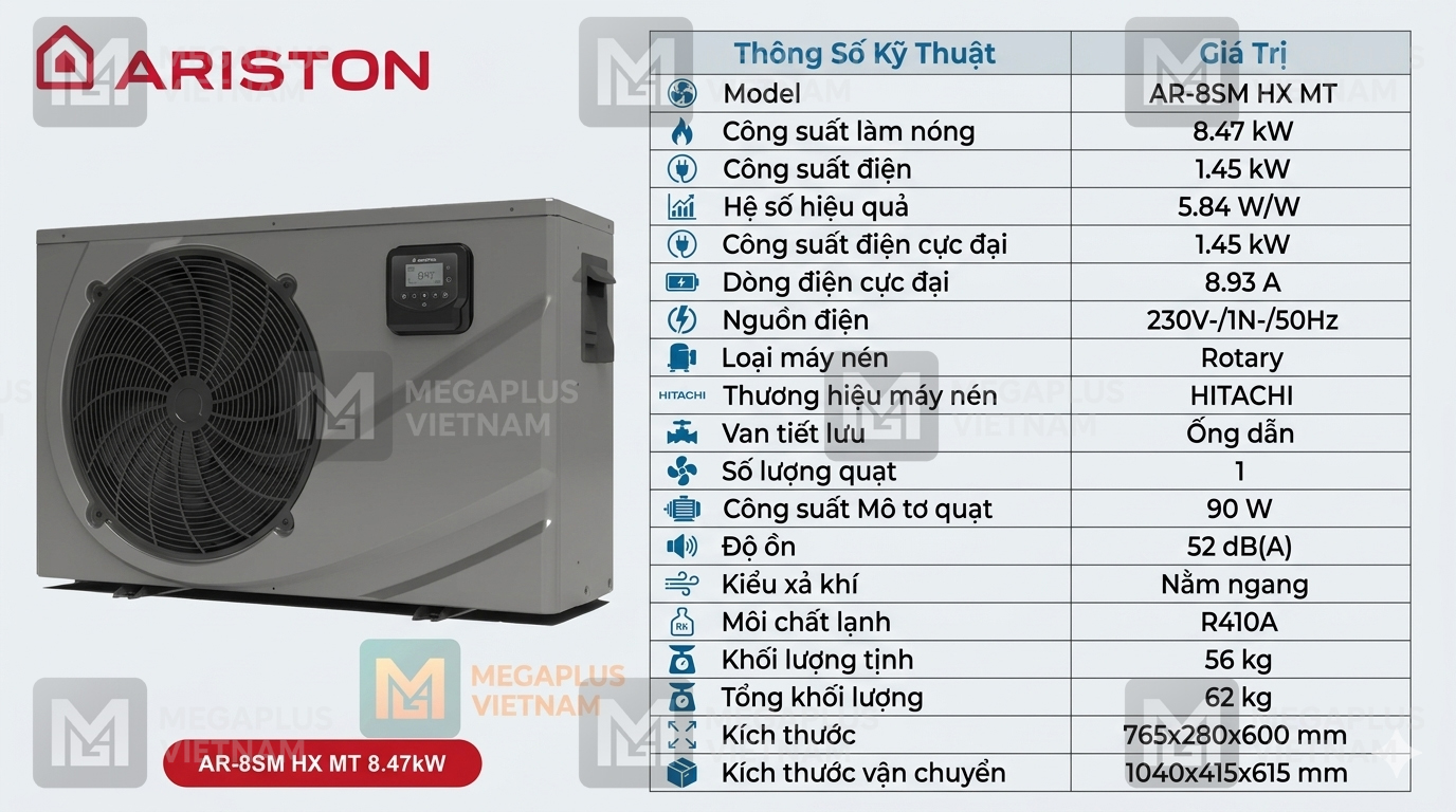 Thông Số Kỹ Thuật Máy Bơm Nhiệt Bể Bơi Ariston AR-8SM HX MT 8.47kW