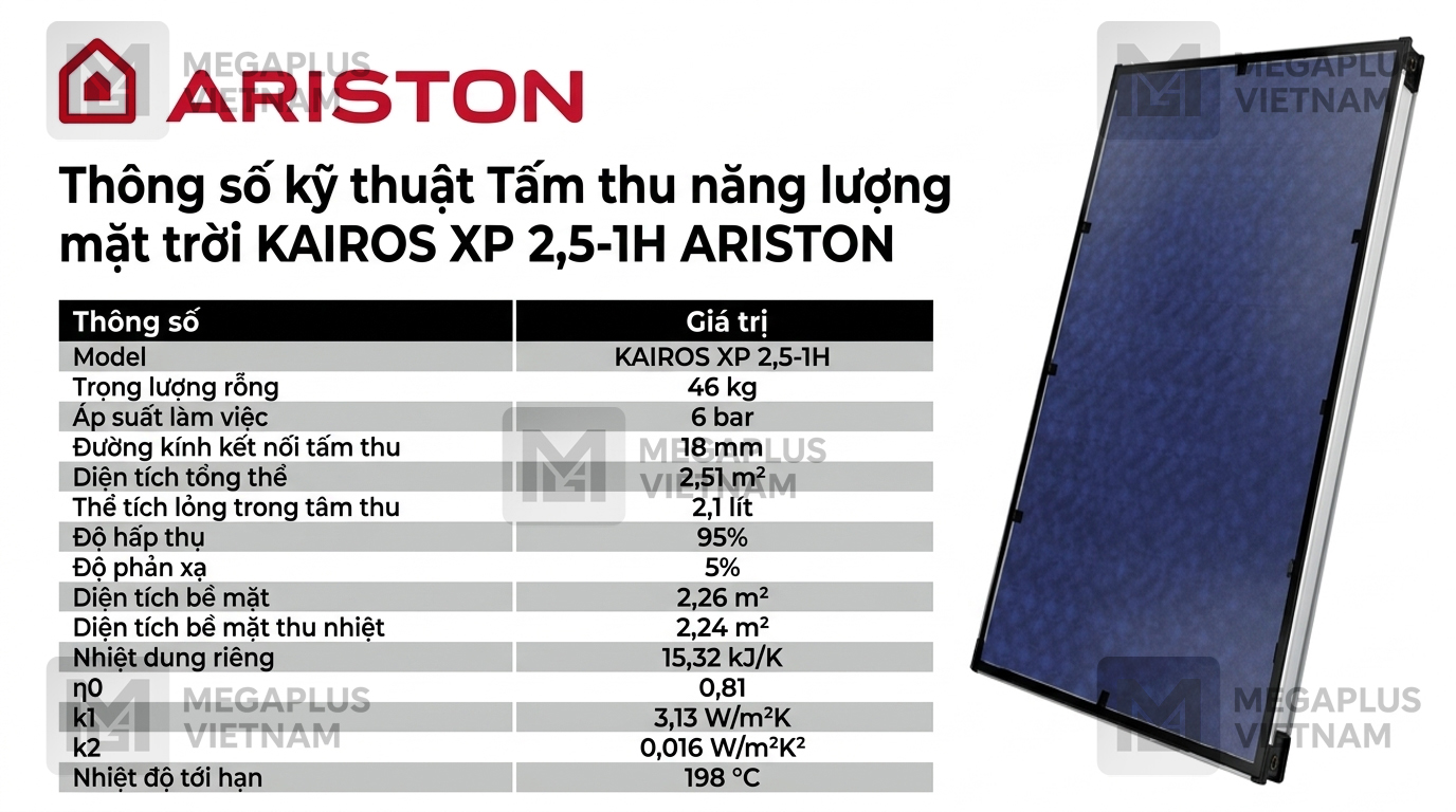 Bảng thông số kỹ thuật tấm thu năng lượng mặt trời Kairos XP 2.5-1H Ariston nhập khẩu chính hãng