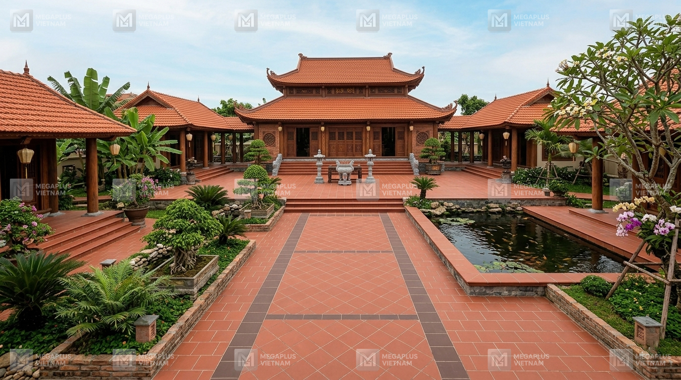 Thực tế lát sân vườn bằng gạch Cotto Mikado 40x40 chống trơn cho nhà thờ tổ