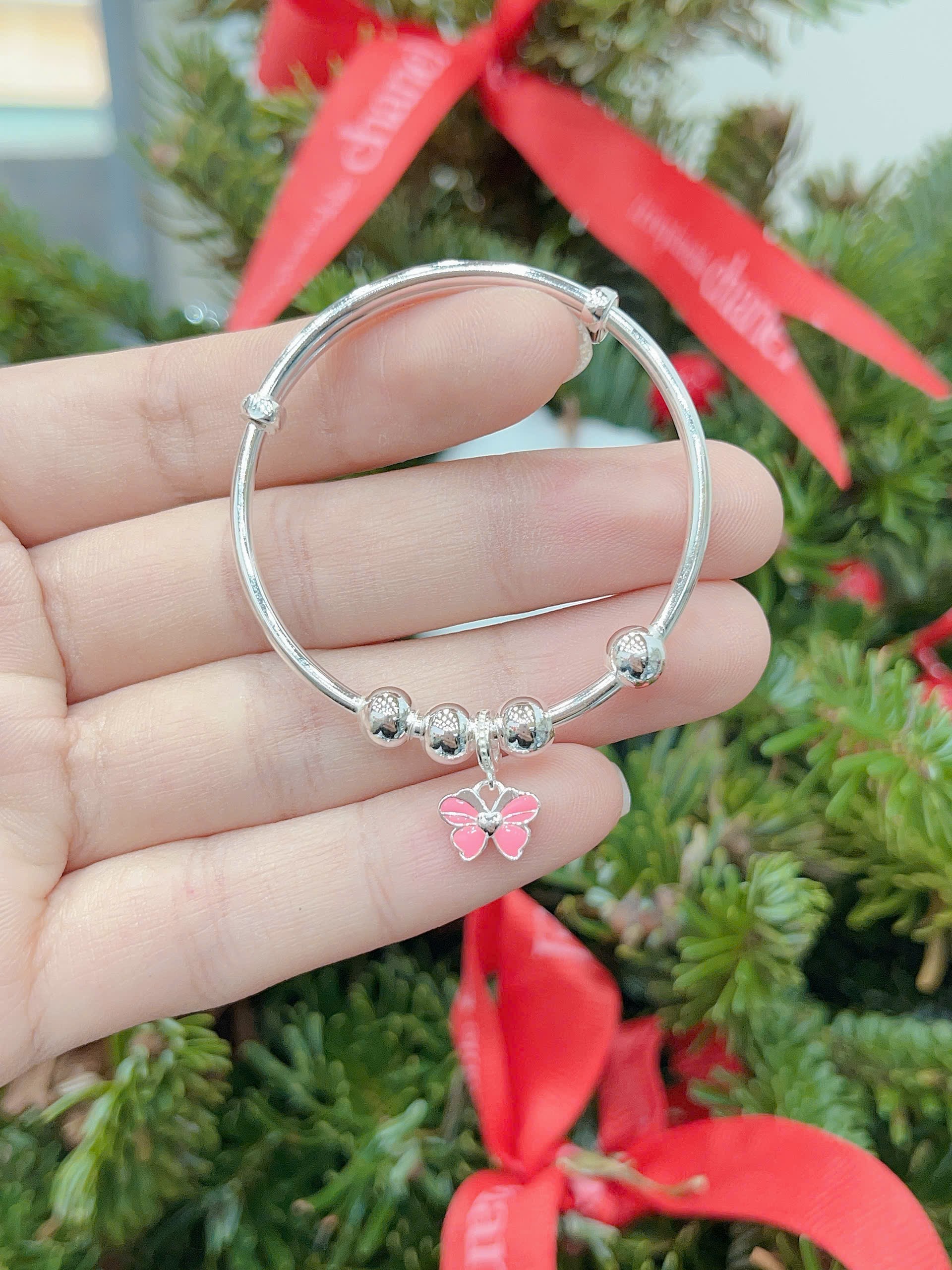 Kiềng tay chân trẻ em bạc ta nguyên chất s99 charm bướm hồng BẠC HIỂU MINH LTE136
