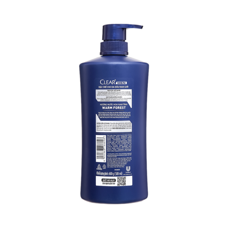 Dầu gội nước hoa Clear Men Warm Forest sạch gàu sạch nhờn hương phong lữ và gỗ đàn hương 600G/ 840G