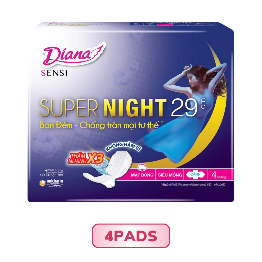 Băng vệ sinh ban đêm Diana Sensi Super Night chống tràn có cánh 4 miếng