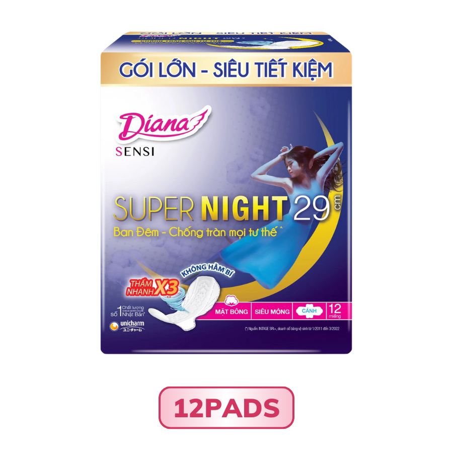 Băng vệ sinh ban đêm Diana Sensi Super Night chống tràn có cánh 4 miếng