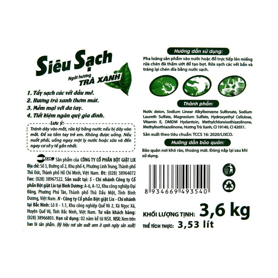 Nước rửa chén Lix siêu đậm đặc tinh chất trà xanh