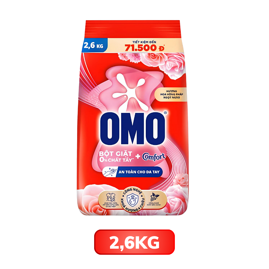 Bột giặt OMO Comfort hương hoa hồng Pháp túi 700G/ 2.6KG/ 3.9KG/ 5.1KH