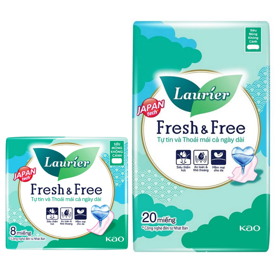 Băng Vệ Sinh Laurier Fresh&Free Siêu Mỏng Không Cánh 8M Fresh&Free 22cm