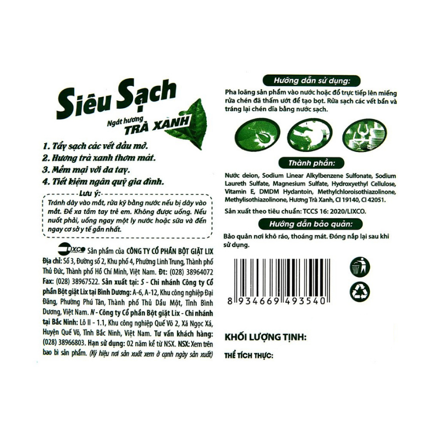 Nước rửa chén Lix siêu sạch tinh chất trà xanh