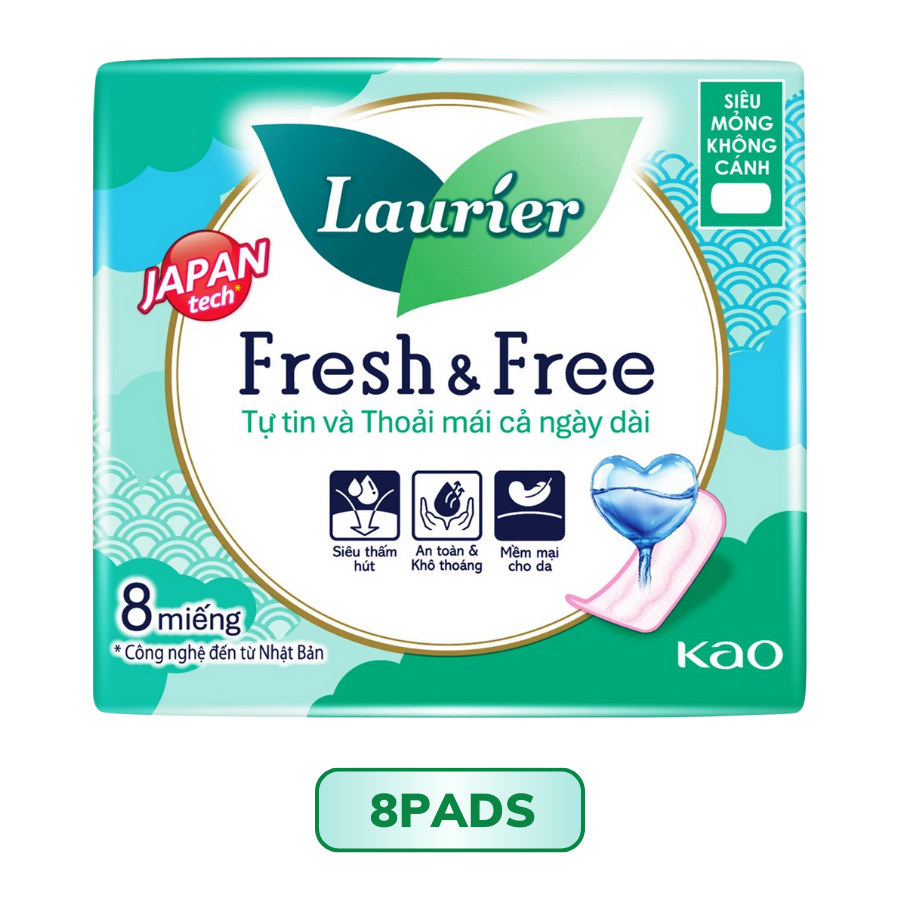 Băng Vệ Sinh Laurier Fresh&Free Siêu Mỏng Không Cánh 8M Fresh&Free 22cm