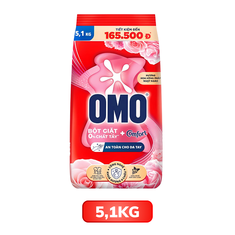 Bột giặt OMO Comfort hương hoa hồng Pháp túi 700G/ 2.6KG/ 3.9KG/ 5.1KH