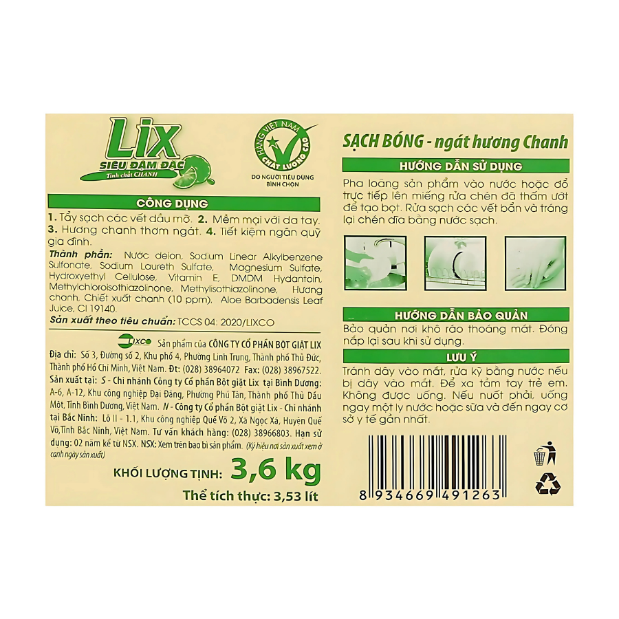 Nước rửa chén Lix siêu đậm đặc hương chanh can 1.4KG/ 3.6KG