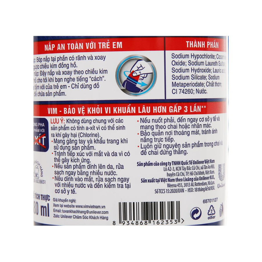 Nước tẩy bồn cầu & nhà tắm VIM diệt khuẩn 500ML/ 800ML