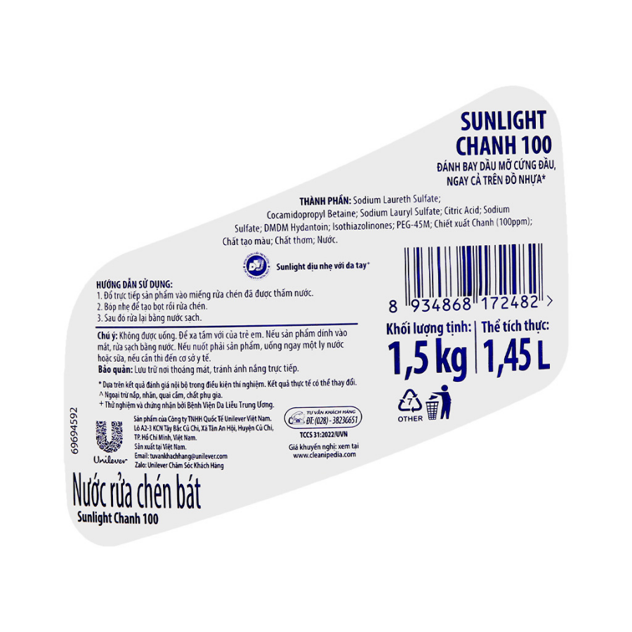 Chai nước rửa chén Sunlight Chanh 100 đánh bay dầu mỡ