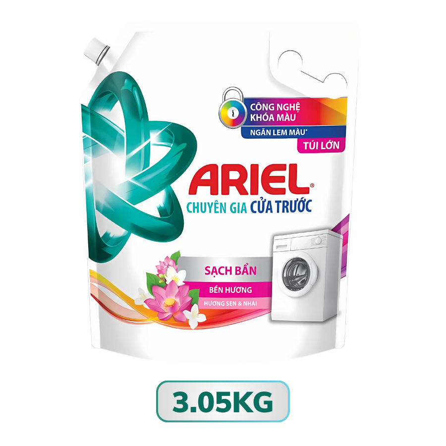 Nước giặt Ariel chuyên gia cửa trước sạch bẩn hương sen và nhài