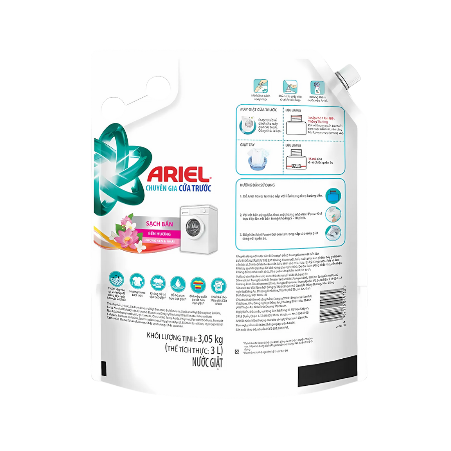 Nước giặt Ariel chuyên gia cửa trước sạch bẩn hương sen và nhài