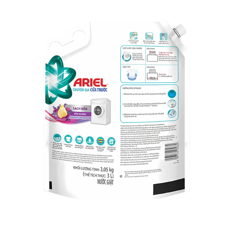 Nước giặt Ariel chuyên gia cửa trước sạch bẩn hương hoa oải hương
