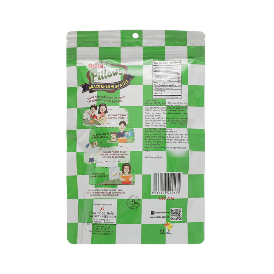Snack nhân vị sữa dừa Oishi Pillows 14G/42G/85G
