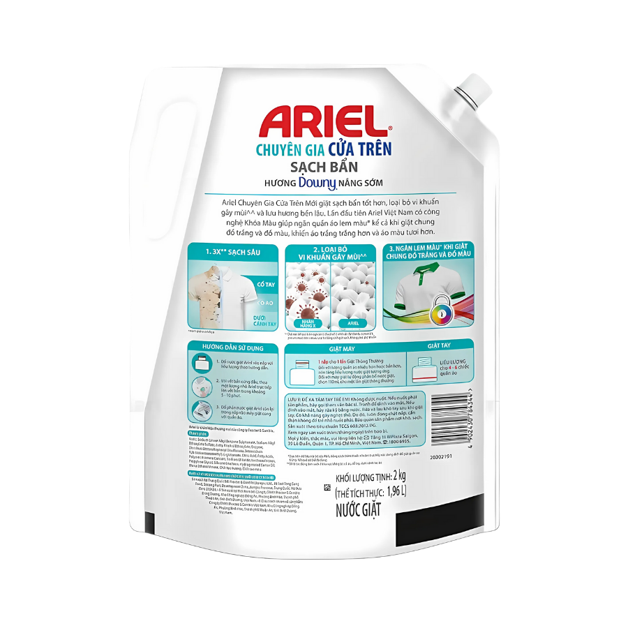 Nước giặt Ariel chuyên gia cửa trước sạch bẩn hương nắng sớm