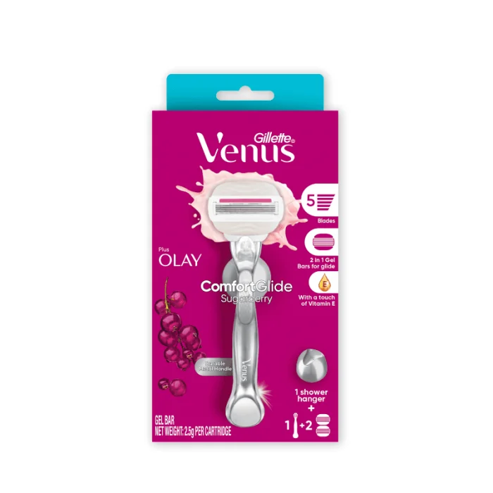 Gillette Venus ComfortGlide Sugarberry plus Olay Razor Set (1 Metal Handle + 2 Cartridges + 1 Shower Hanger)
