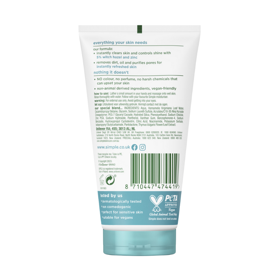 Gel Rửa Mặt Simple Không Chứa Xà Phòng Kiềm Dầu, Ngừa Mụn Cho Da Nhạy Cảm Purifying Gel Wash