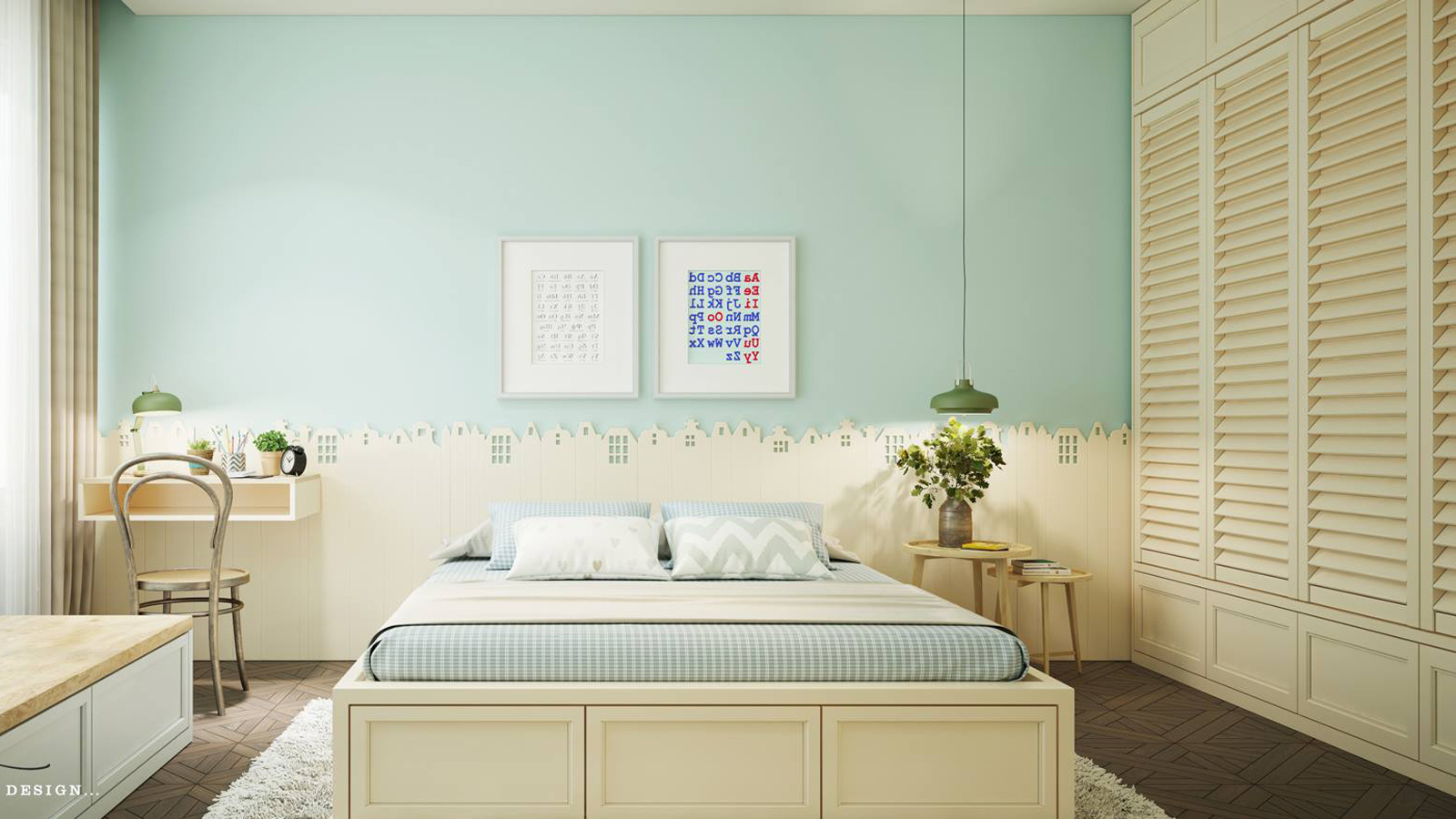 phòng ngủ tone màu xanh