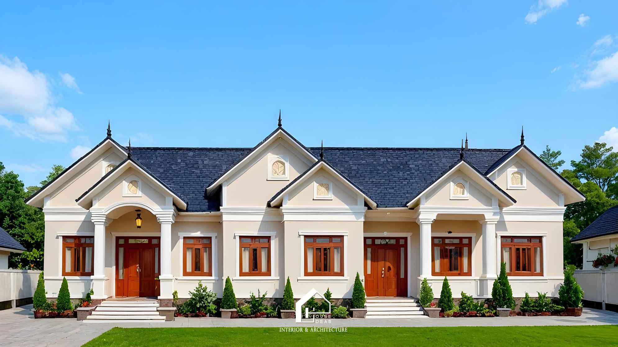 kiến trúc nhà mái Thái mặt tiền 20m