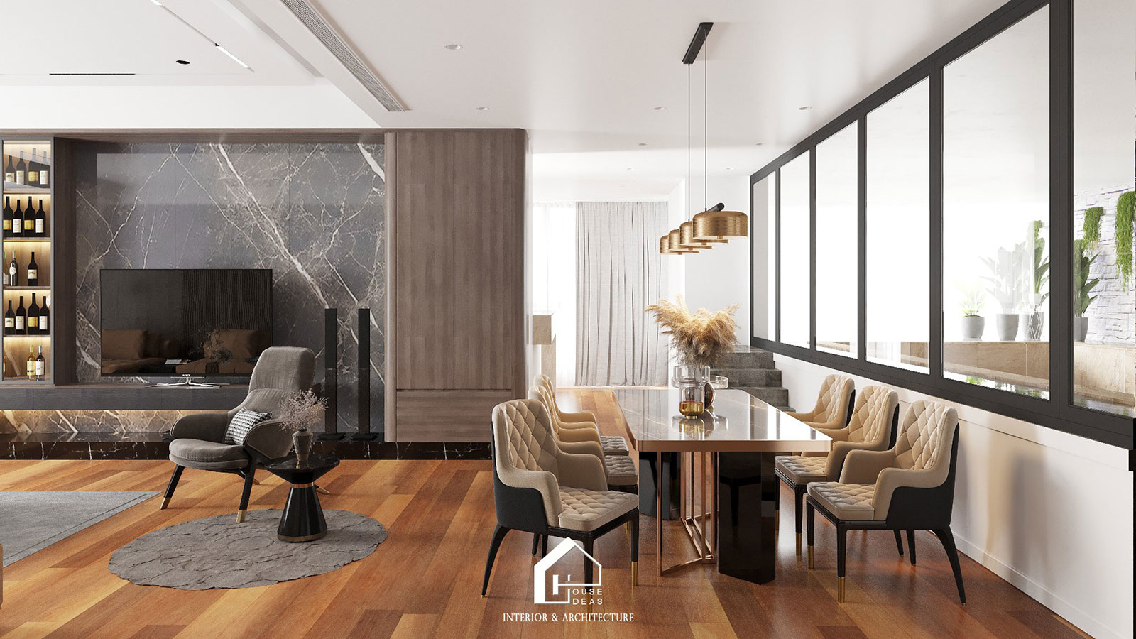Khu vực tường phía sau tivi được ốp đá marble cao cấp