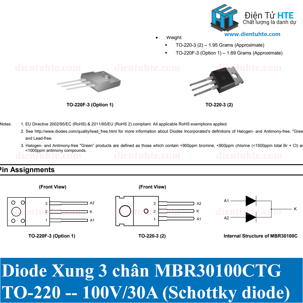 30100f Diode xung 30100 MBR30100CTG B30100G 100V 30A TO-220 | Điện Tử HTE