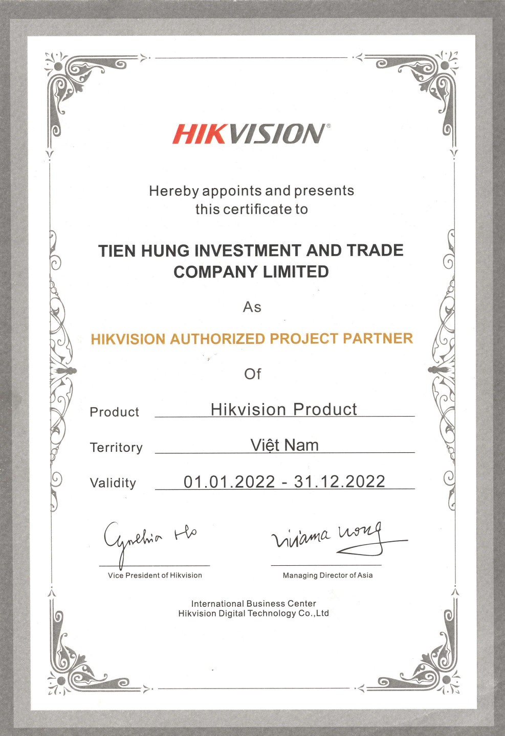 TIHUT nhận chứng nhận phân phối chính thức các sản phẩm của HIKVISION 2022