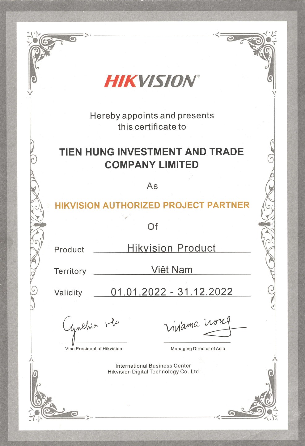TIHUT nhận chứng nhận phân phối chính thức các sản phẩm của HIKVISION 2022
