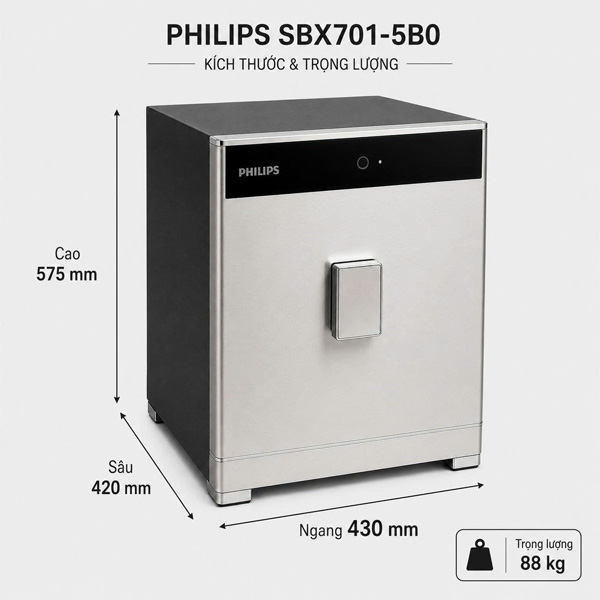Kích thước két sắt Philips SBX701-5B0 vân tay nhập khẩu