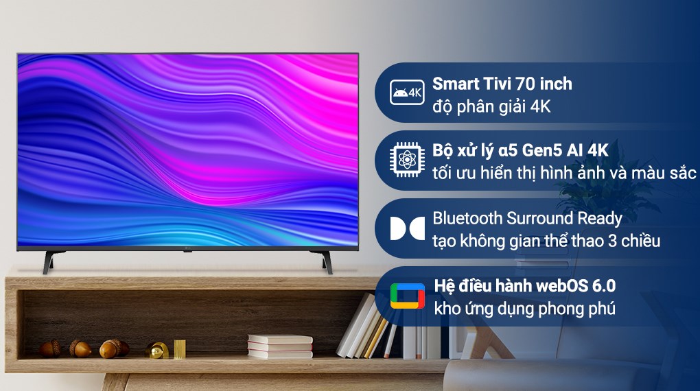 Tivi LG 4K 70 inch sẽ đưa bạn tới với những thế giới giải trí tuyệt vời, với chất lượng hình ảnh sắc nét và sống động đến từng chi tiết. Độ lớn của màn hình và âm thanh sống động sẽ tạo nên một không gian giải trí đỉnh cao.