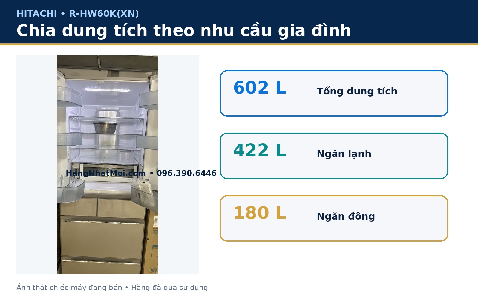Phân bổ dung tích 602L của tủ lạnh Hitachi R-HW60K