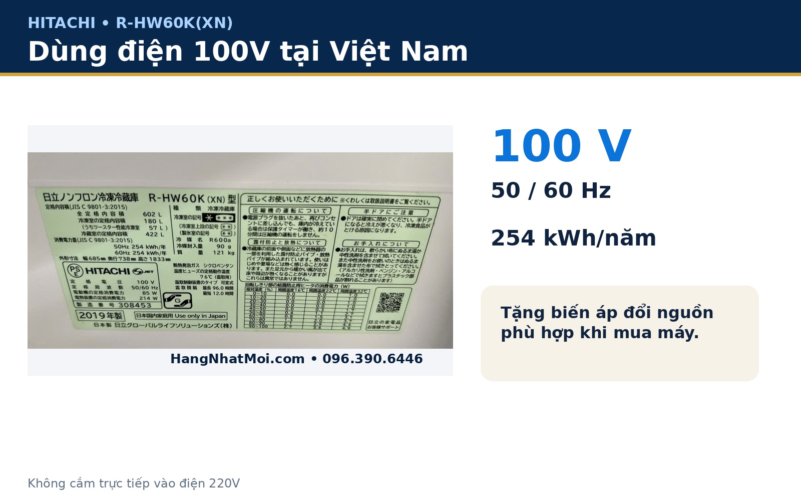 Thông tin điện 100V và quà tặng biến áp cho Hitachi R-HW60K