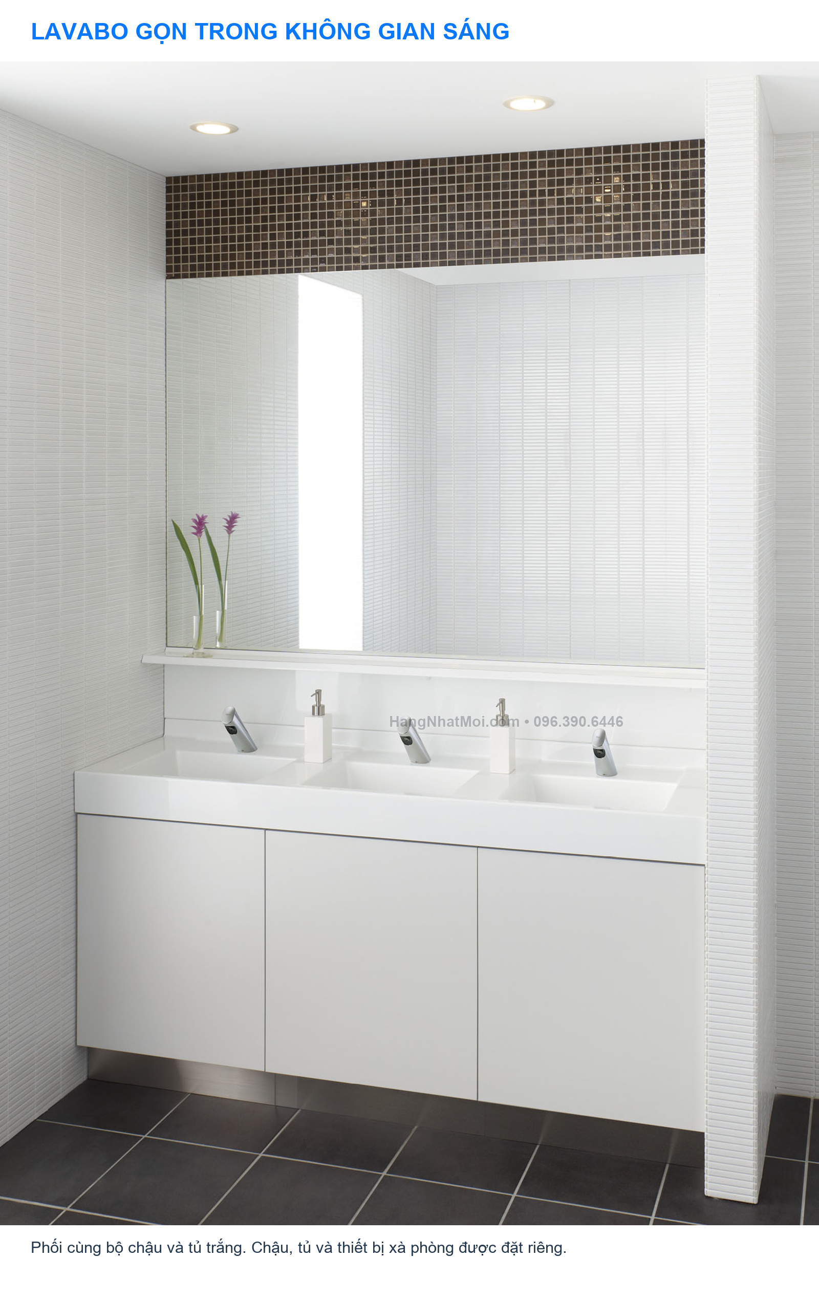 INAX AM-300TCV1 – Gợi ý lavabo gọn với tủ trắng; không gộp nội thất và thiết bị xà phòng vào cấu hình vòi.