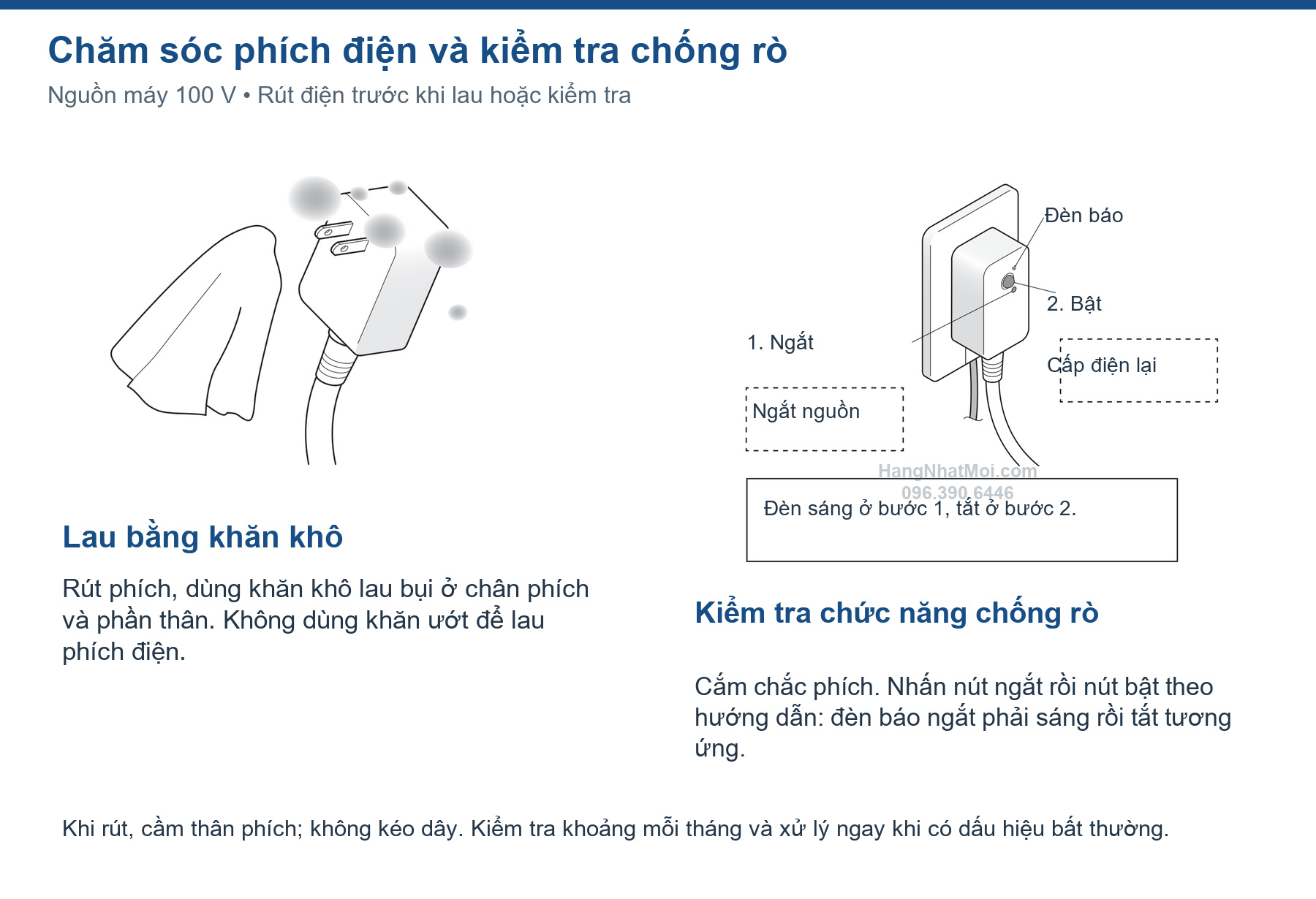Lau phích bằng khăn khô và kiểm tra phích chống rò điện của LS2