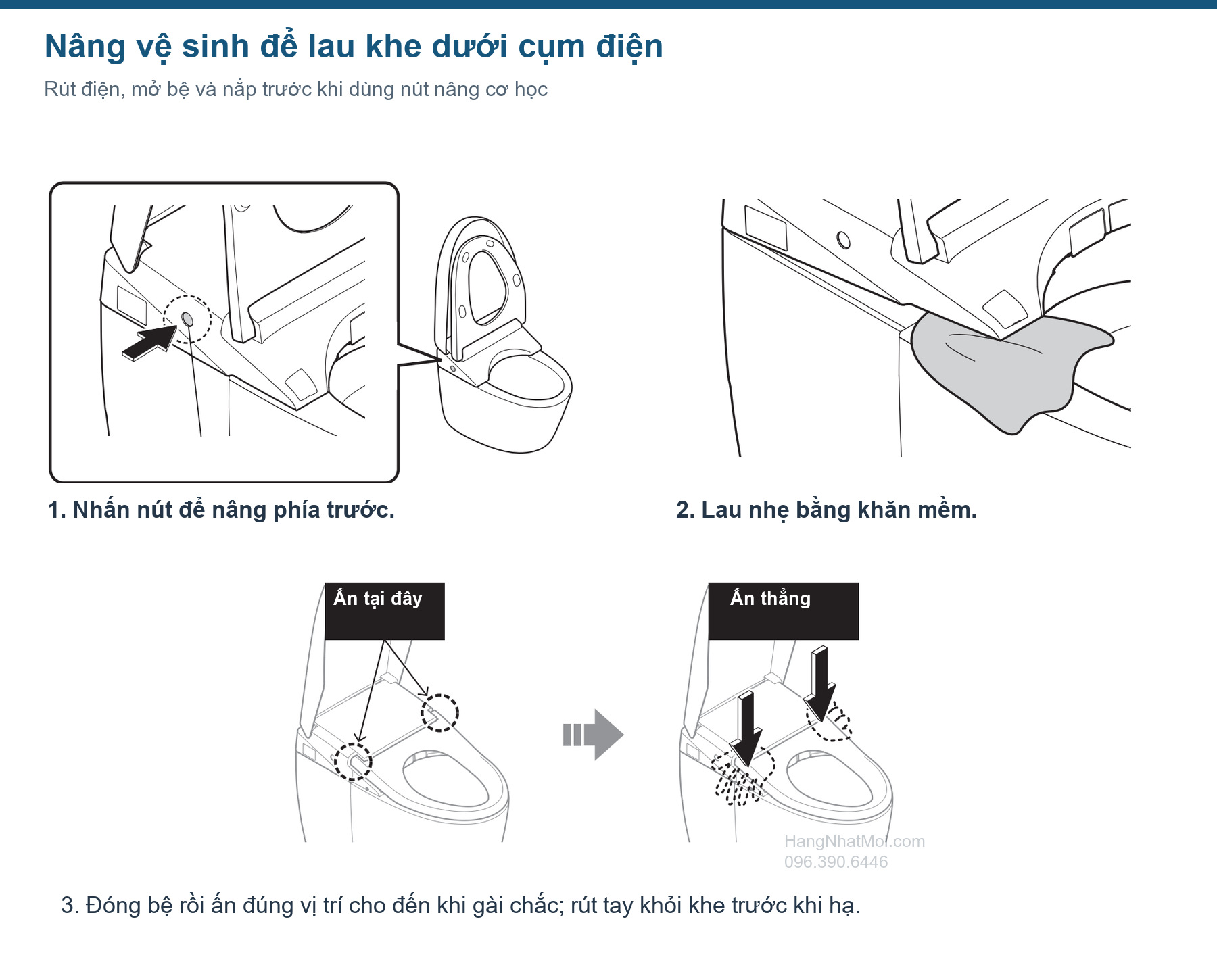 Nút nâng vệ sinh cơ học và trình tự hạ cụm điện AS-W; phải ngắt điện trước thao tác.