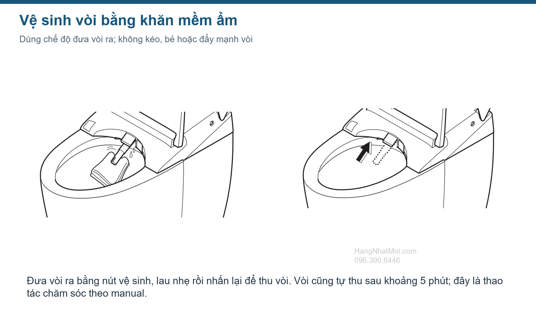 Minh họa đưa vòi ra, lau nhẹ và thu vòi AS-W.