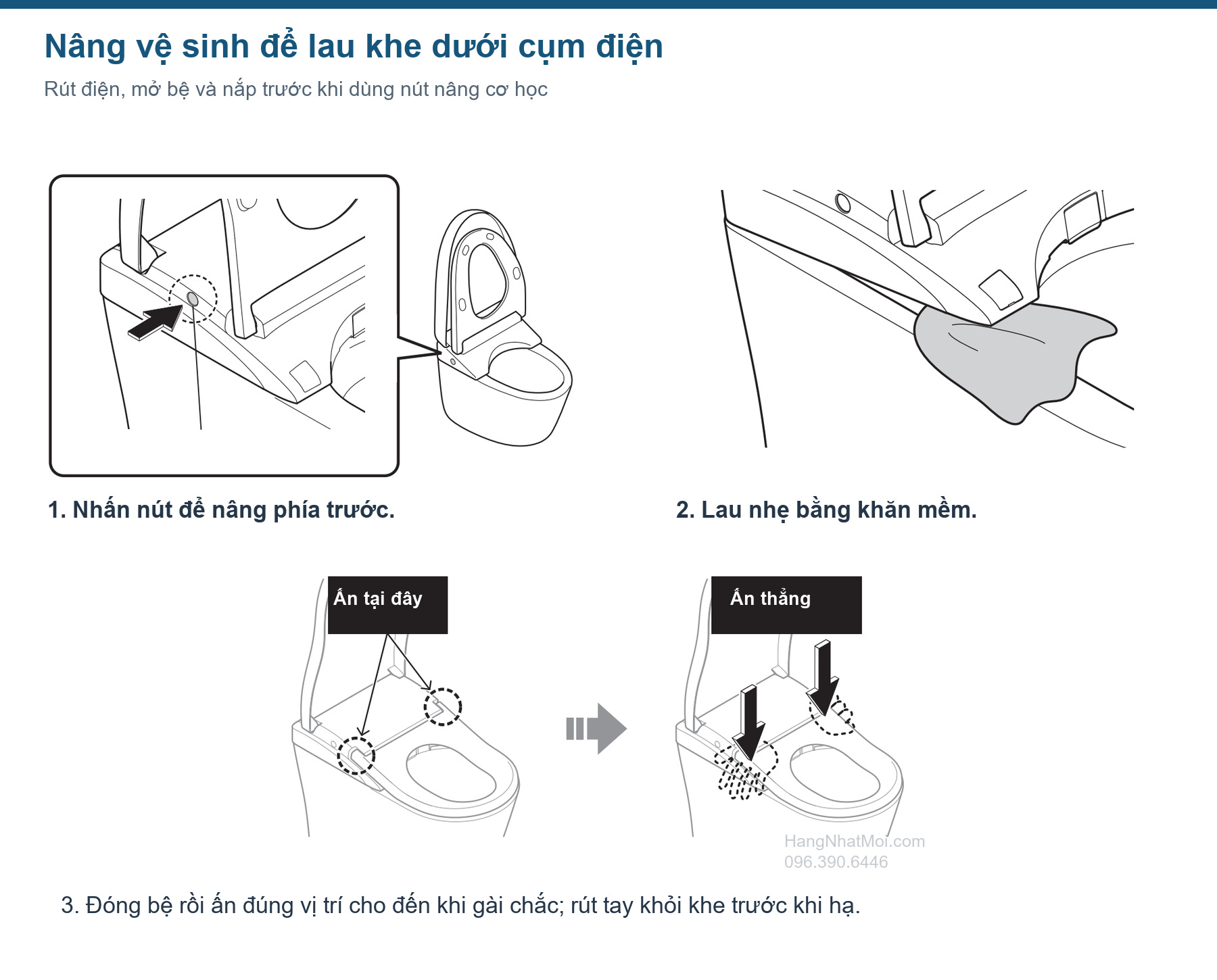 Nút nâng vệ sinh cơ học và trình tự hạ cụm điện LS-W; phải ngắt điện trước thao tác.