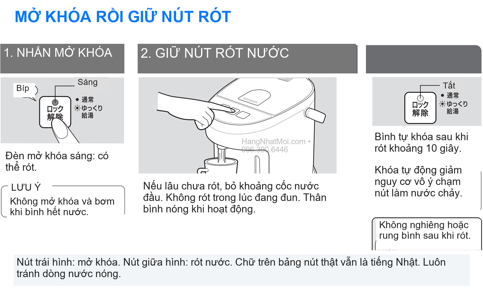 Quy trình mở khóa, giữ nút rót và tự khóa bơm sau khoảng 10 giây của CP-EB20