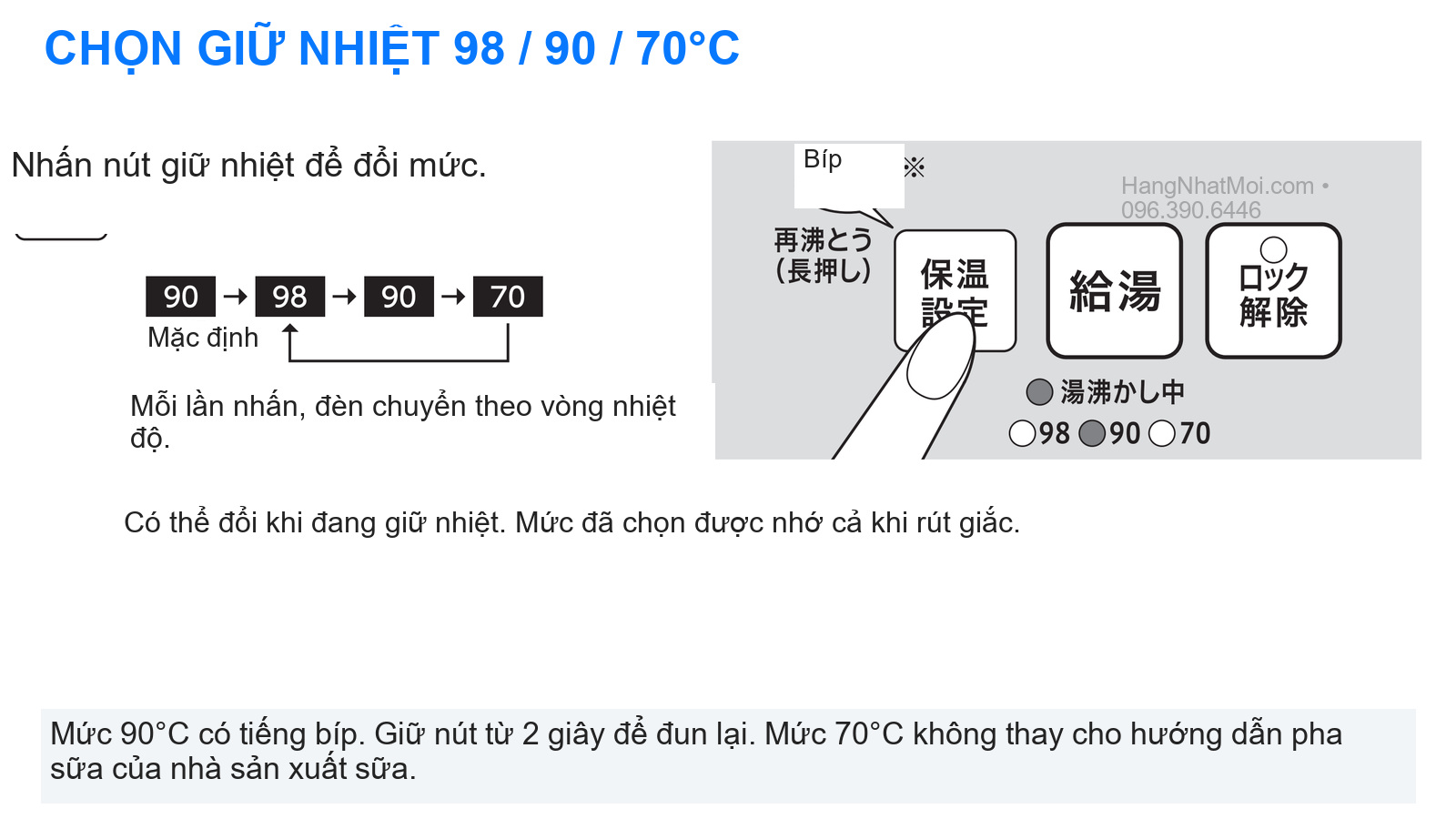 CP-EB20 có ba mức giữ nhiệt và ghi nhớ thiết lập sau khi rút giắc