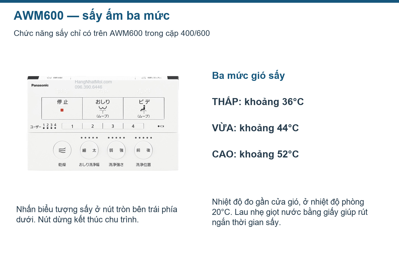 Điều khiển AWM600 có nút sấy; ba mức nhiệt gió khoảng 36/44/52°C theo manual hãng.