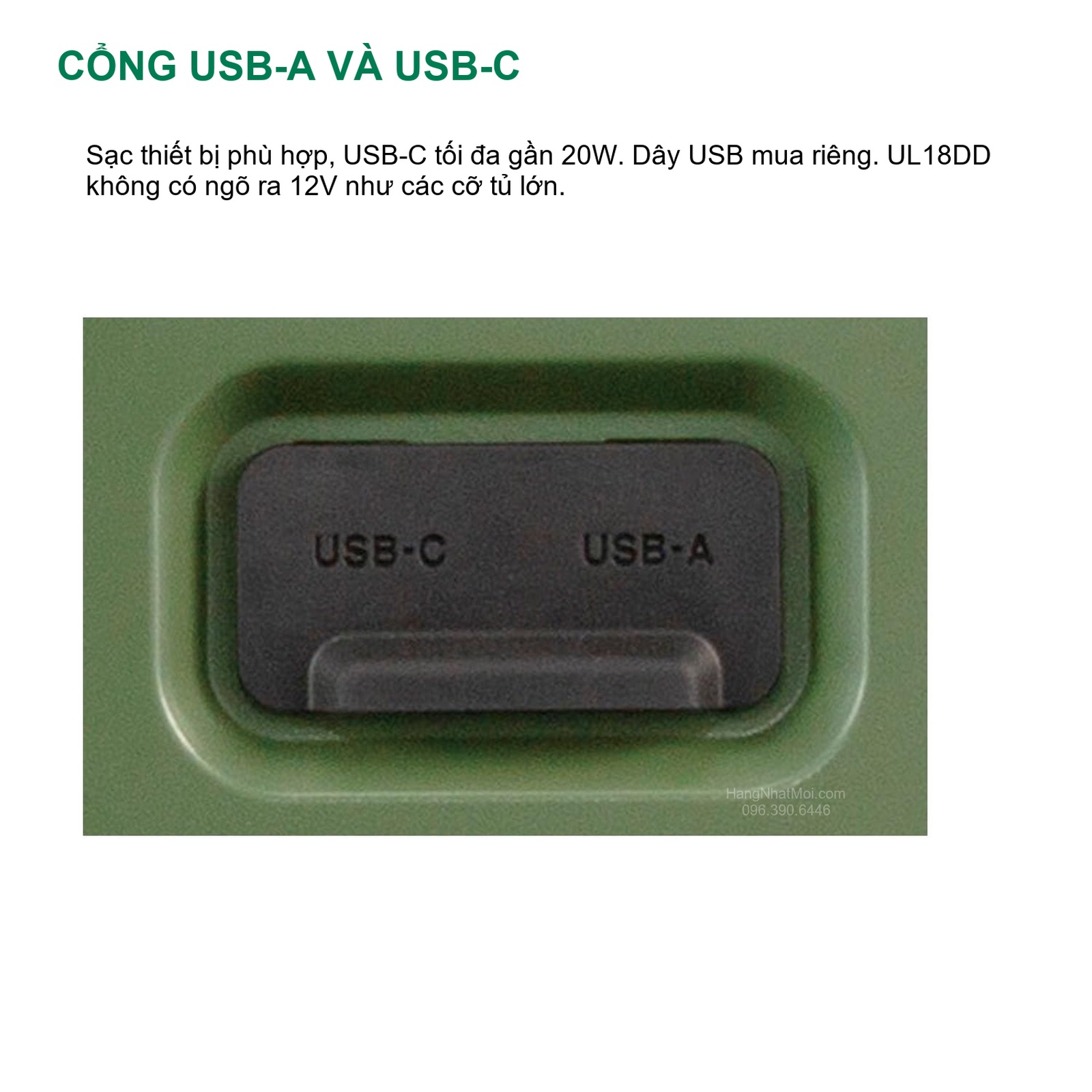 Cổng USB-A và USB-C của UL18DD; không có ngõ ra 12V.