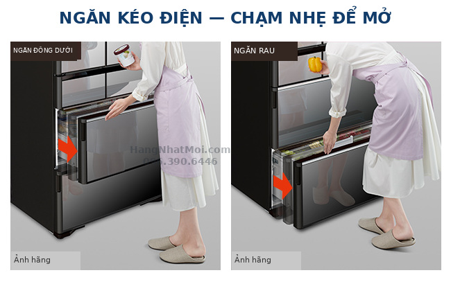 Hitachi R-WXC74X – Chạm nút để mở ngăn đông dưới hoặc ngăn rau.
