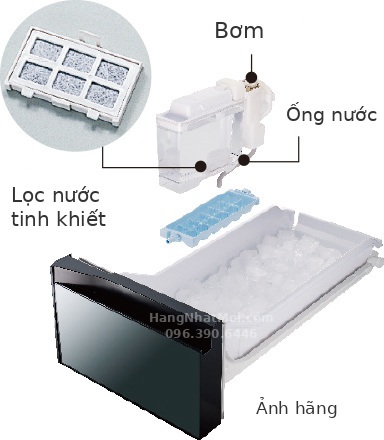 Hitachi R-WXC74X – Bơm, đường ống và bộ lọc trong hệ thống làm đá tự động. Sơ đồ công nghệ dùng chung do hãng công bố.