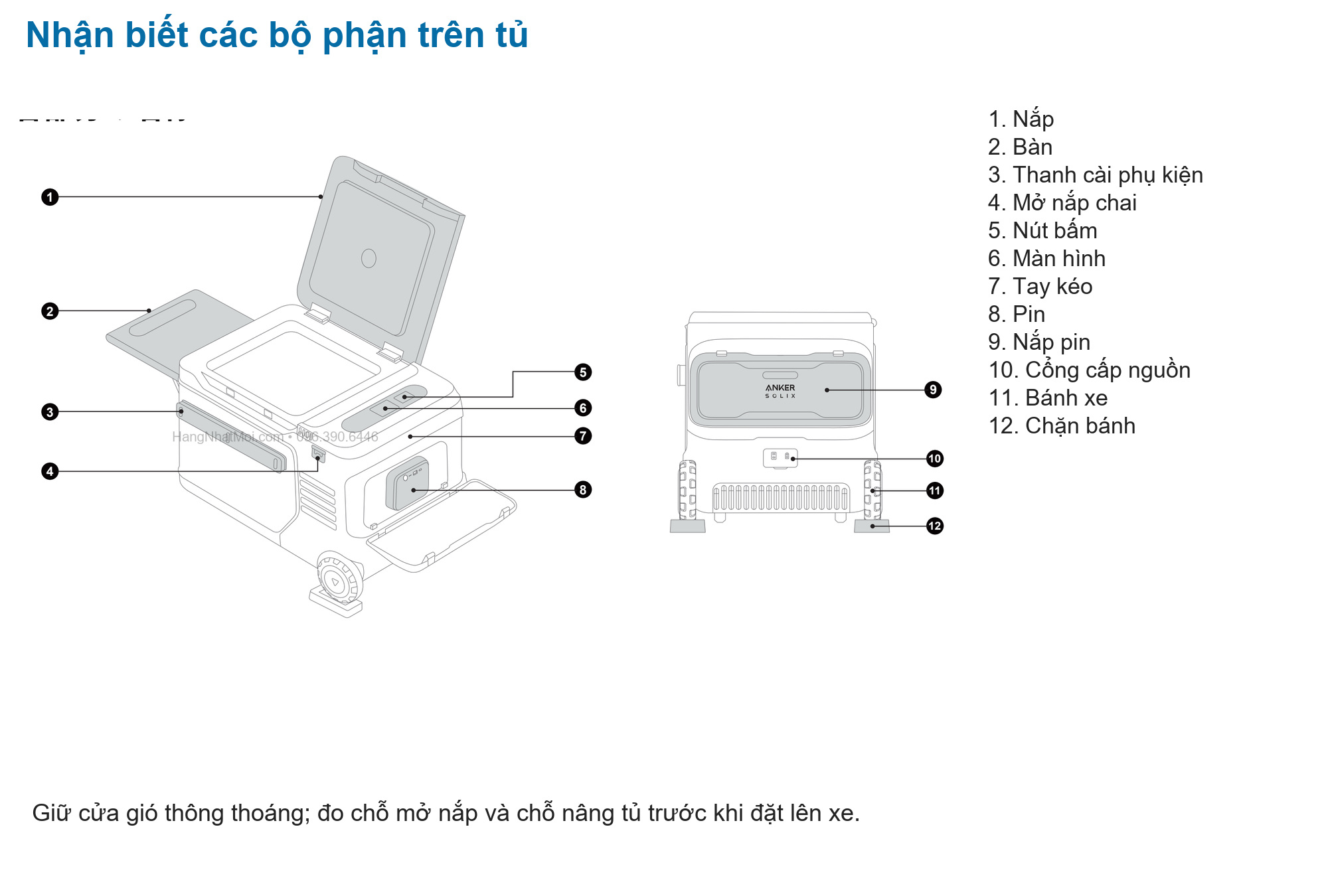 Anker A17A35A1: Vị trí các bộ phận và khu vực cấp nguồn, pin, bánh xe trên tủ.