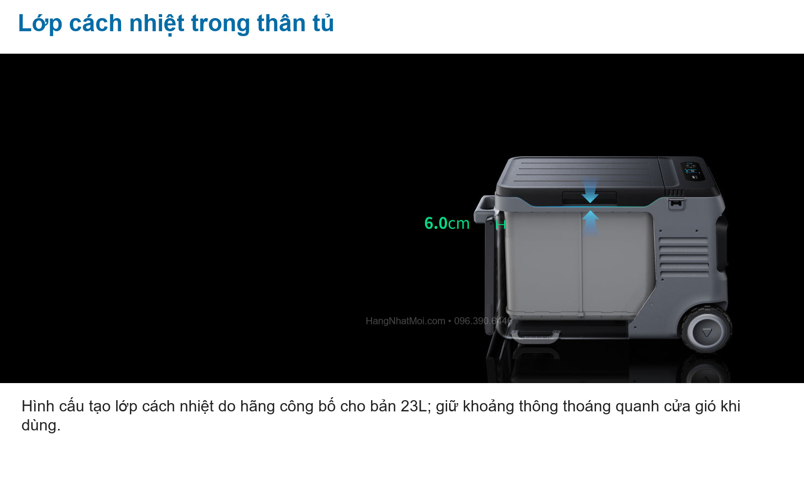 Anker A17A35A1: Hình cấu tạo lớp cách nhiệt do hãng công bố cho bản 23L; giữ khoảng thông thoáng quanh cửa gió khi dùng.
